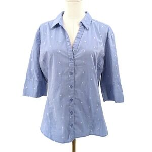 Button Front Blouse Cotton Stretch Blue Embroidered Polka Dot XL